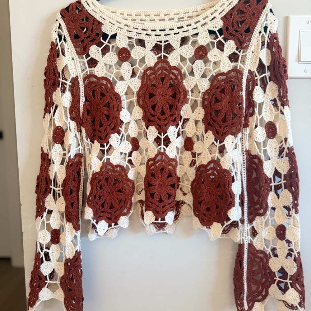 Rebellion Crochet Floral Openwork Sweater - Cream & Rust - Picture 2 of 11